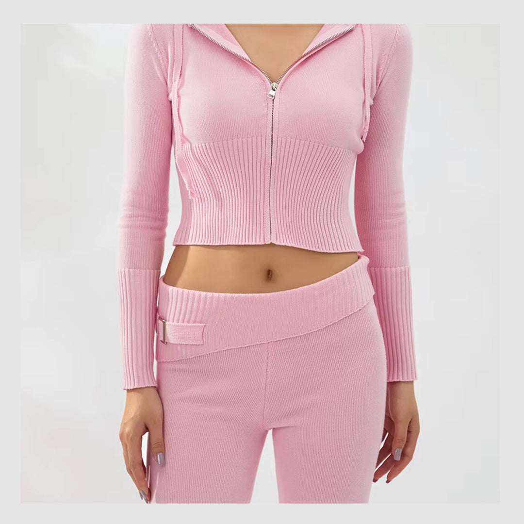 Ensemble Côtelé Lounge – Hoodie Zippé & Pantalon Taille Haute