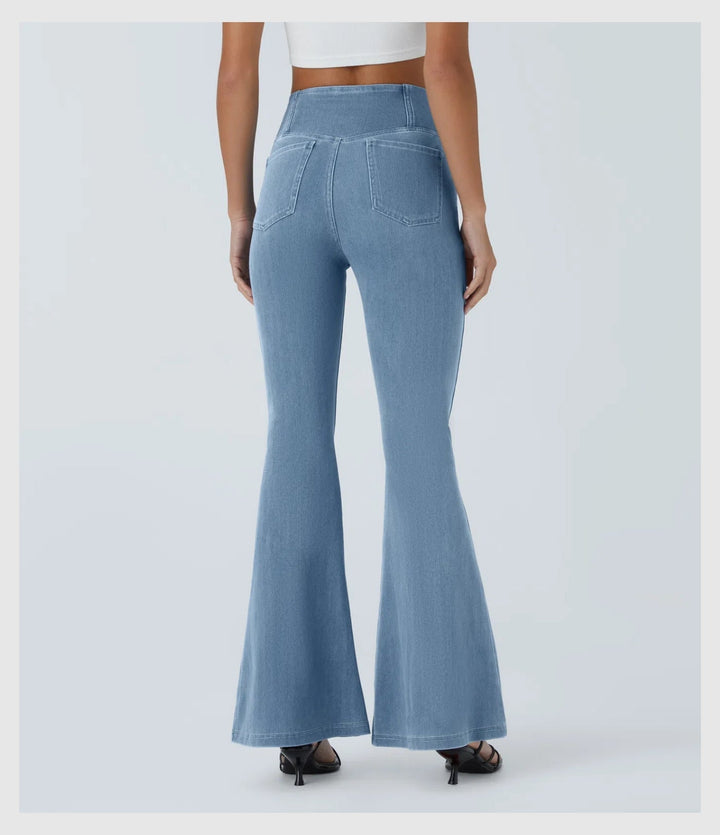 Pantalon Denim Évasé – Coupe Croisée Taille Haute