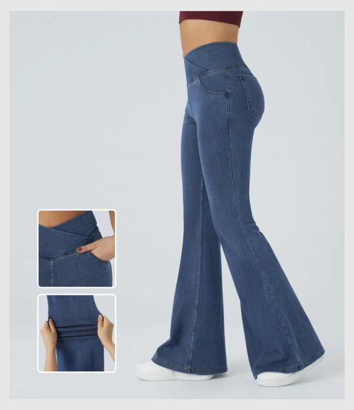 Pantalon Denim Évasé – Coupe Croisée Taille Haute