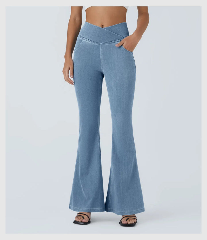 Pantalon Denim Évasé – Coupe Croisée Taille Haute