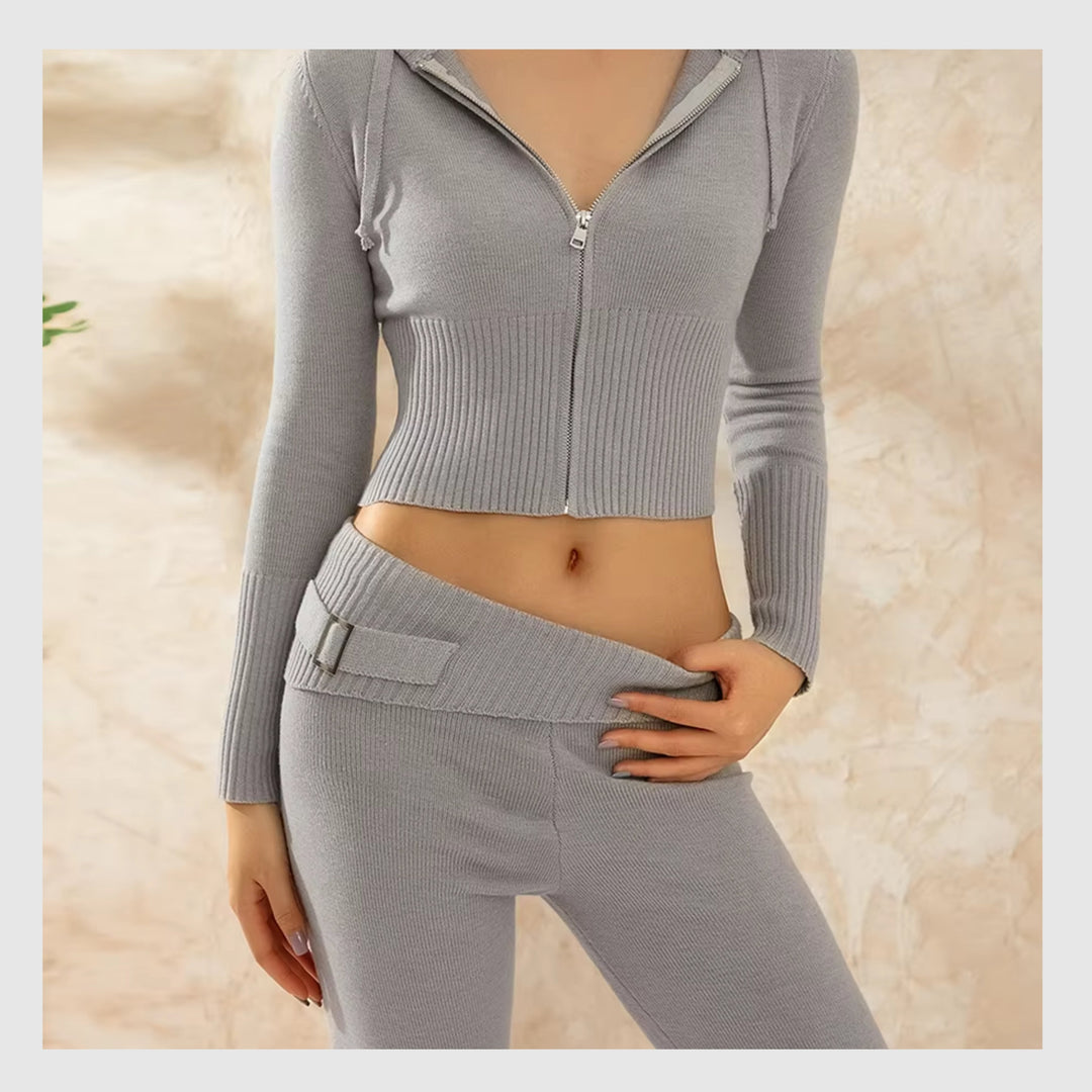 Ensemble Côtelé Lounge – Hoodie Zippé & Pantalon Taille Haute