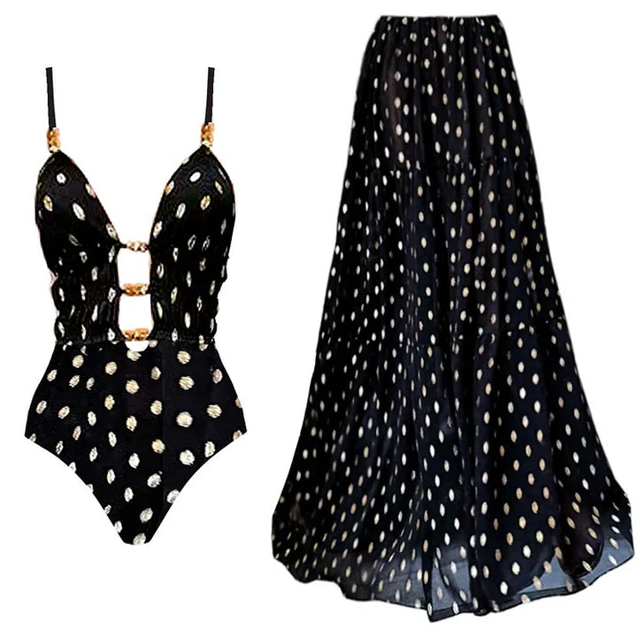 Maillot de Bain Chic à Pois – Col V & Jupe Intégrée