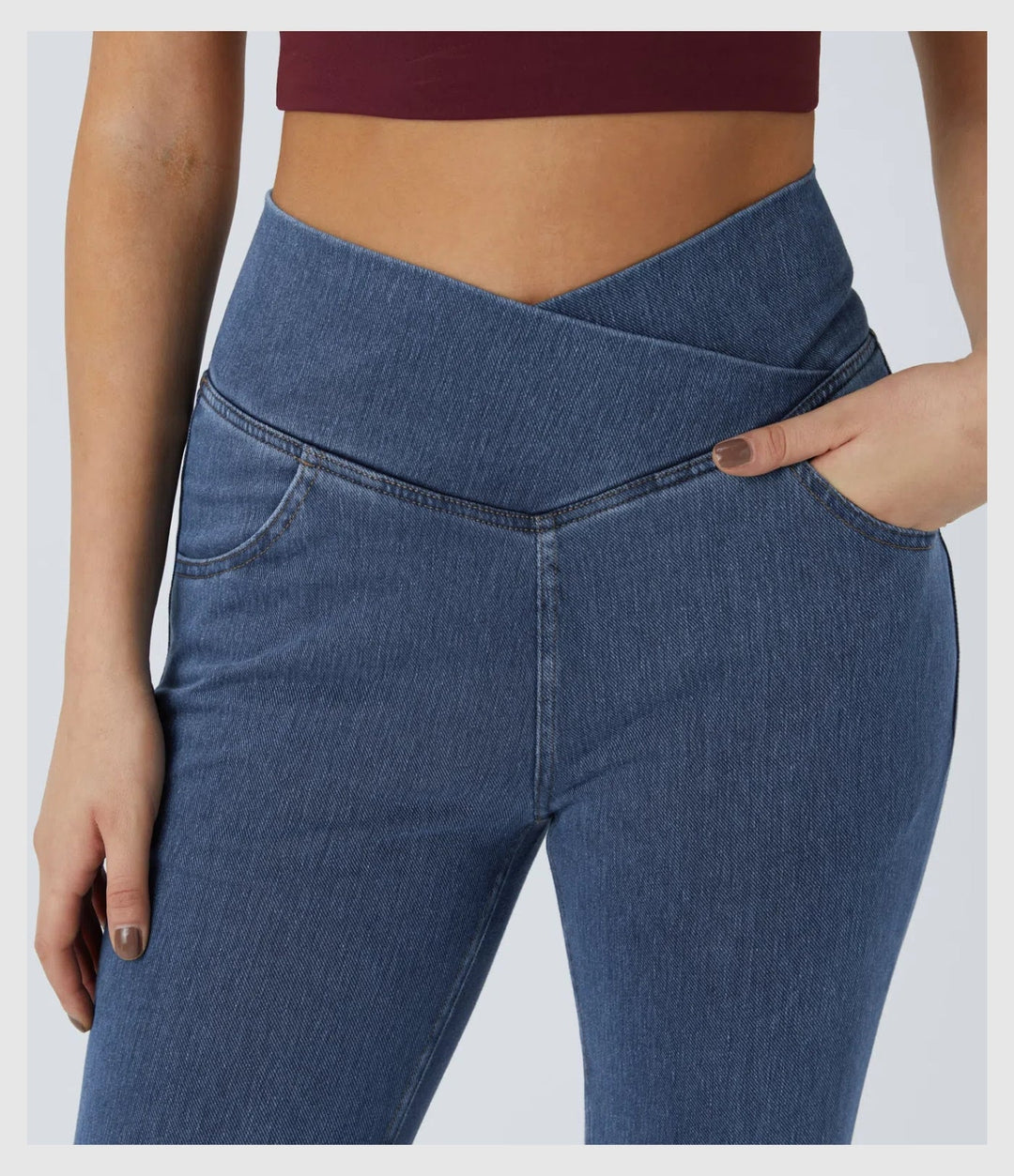 Pantalon Denim Évasé – Coupe Croisée Taille Haute