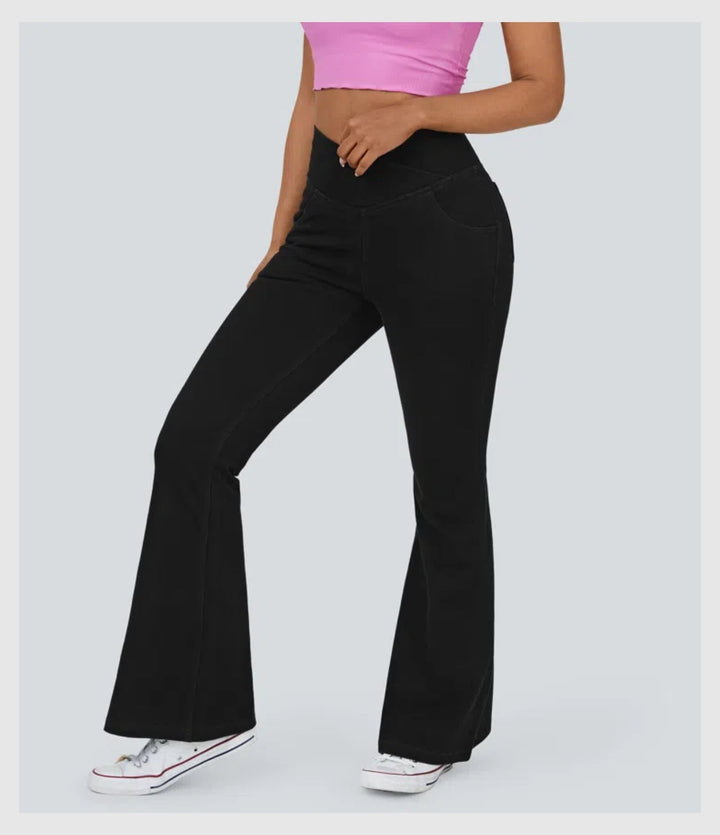 Pantalon Denim Évasé – Coupe Croisée Taille Haute