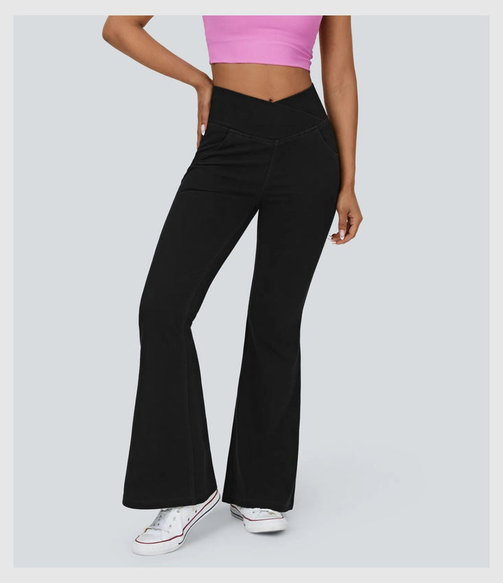 Pantalon Denim Évasé – Coupe Croisée Taille Haute