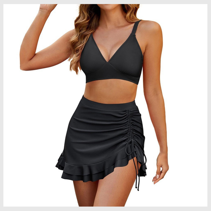 Bikini Taille Haute – Dos Nu & Jupe Froncée