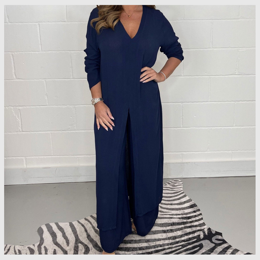 Ensemble Élégant Femme – Haut Long & Pantalon Uni
