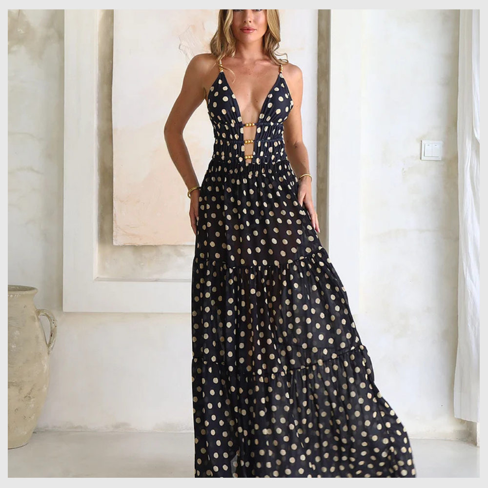 Maillot de Bain Chic à Pois – Col V & Jupe Intégrée