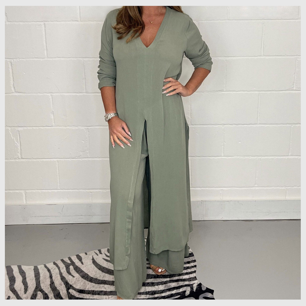 Ensemble Élégant Femme – Haut Long & Pantalon Uni